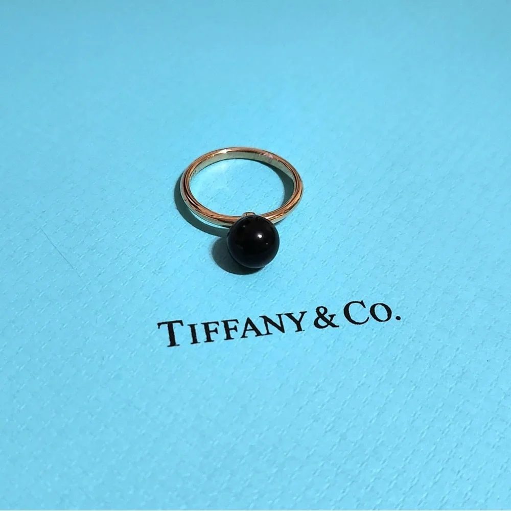 RARE Tiffany & Co. 18K Rose Gold Onyx Hardwear Bead Ball Ring Size 5.75 US